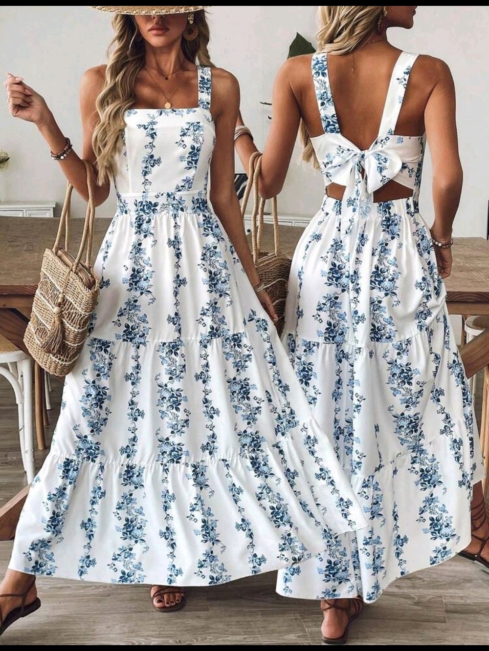 White Maxi Dress with Blue Floral Print and Back Bow
